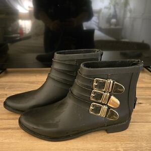 Loeffler Randall Black Ankle Boots with Gold Buckles